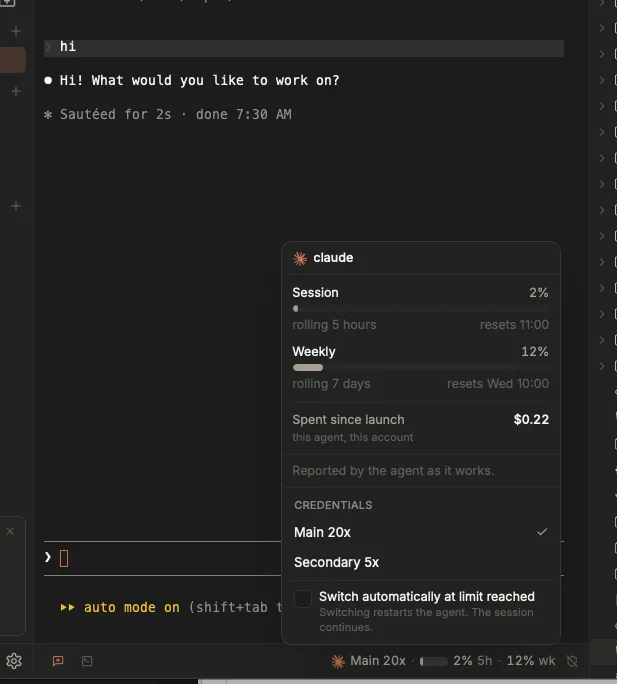 The panel behind Termic's task footer chip, headed claude. Session 2% over a rolling 5 hours resetting at 11:00, Weekly 12% over a rolling 7 days resetting Wednesday 10:00, then "Spent since launch $0.22, this agent, this account". Under a CREDENTIALS heading, Main 20x is ticked with Secondary 5x below it, followed by an unticked "Switch automatically at limit reached" checkbox.