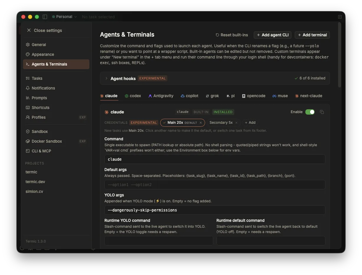 Termic's Agents & Terminals settings with claude selected. A CREDENTIALS row sits at the top of the card, badged EXPERIMENTAL, holding two named sets, "Main 20x" marked DEFAULT and ticked, and "Secondary 5x", with an Add button beside them. Below it reads "New tasks use Main 20x. Click another name to make it the default, or switch one task from its footer", above the agent's Command and args fields.