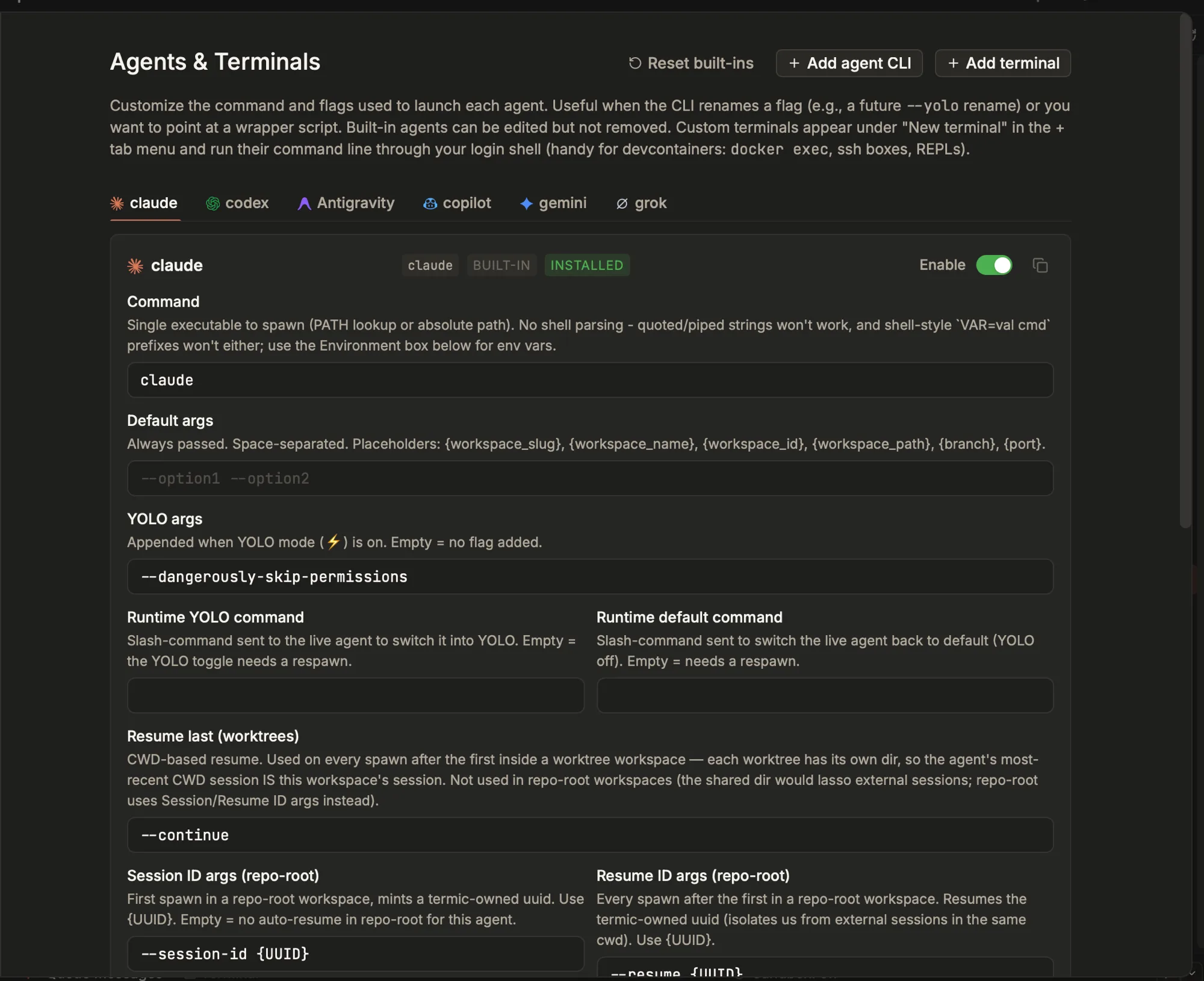 Termic's Agents & Terminals settings: tabs for claude, codex, Antigravity, copilot, gemini and grok, with claude selected and its Command, Default args, YOLO args, runtime-toggle commands and resume-args fields laid out below.