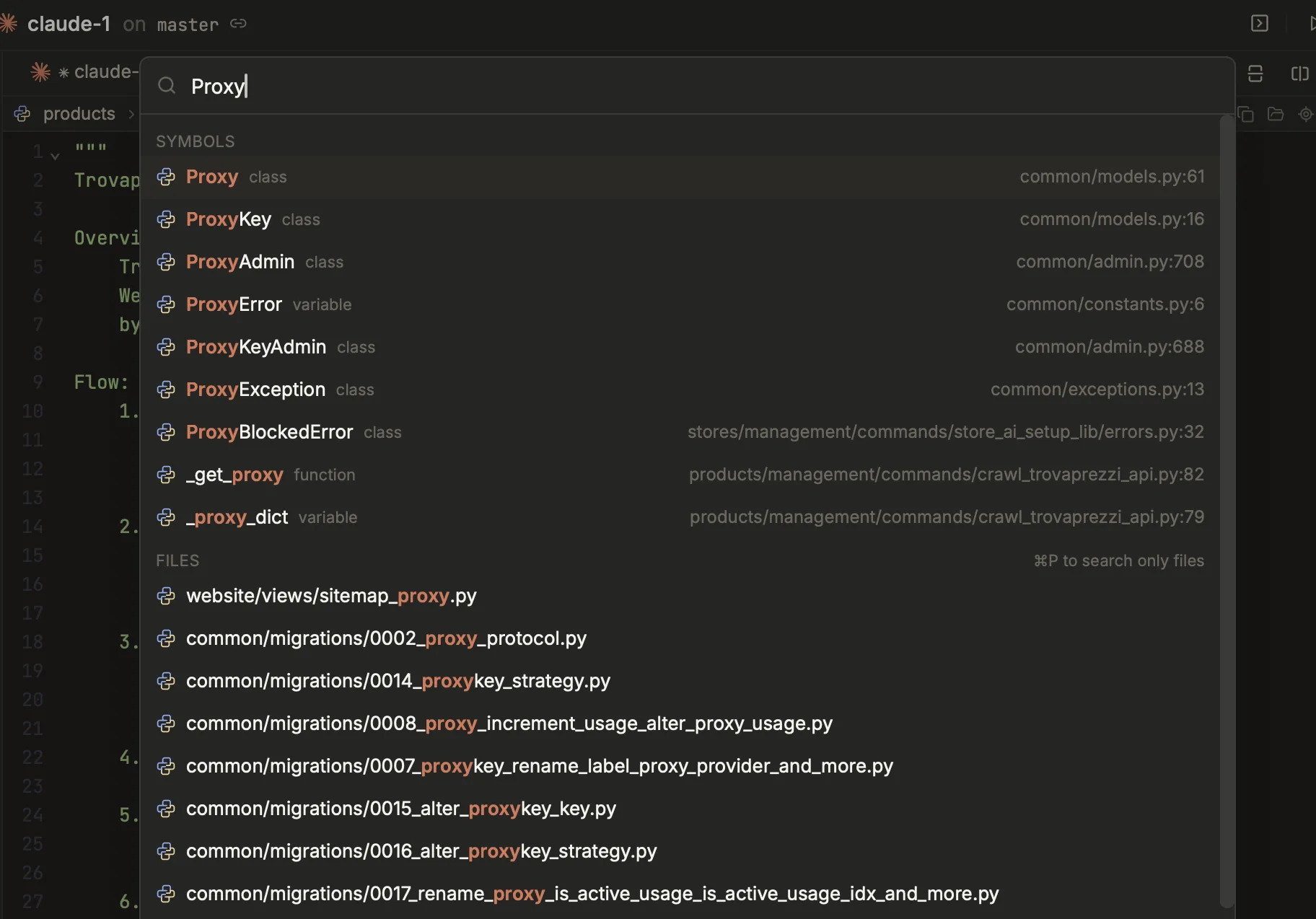 Termic's Search everywhere dialog with the query "Proxy": a SYMBOLS section listing the Proxy class in common/models.py, then ProxyKey, ProxyAdmin, ProxyError, ProxyKeyAdmin and more with their kind and file:line, followed by a FILES section of matching paths and a "⌘P to search only files" hint.