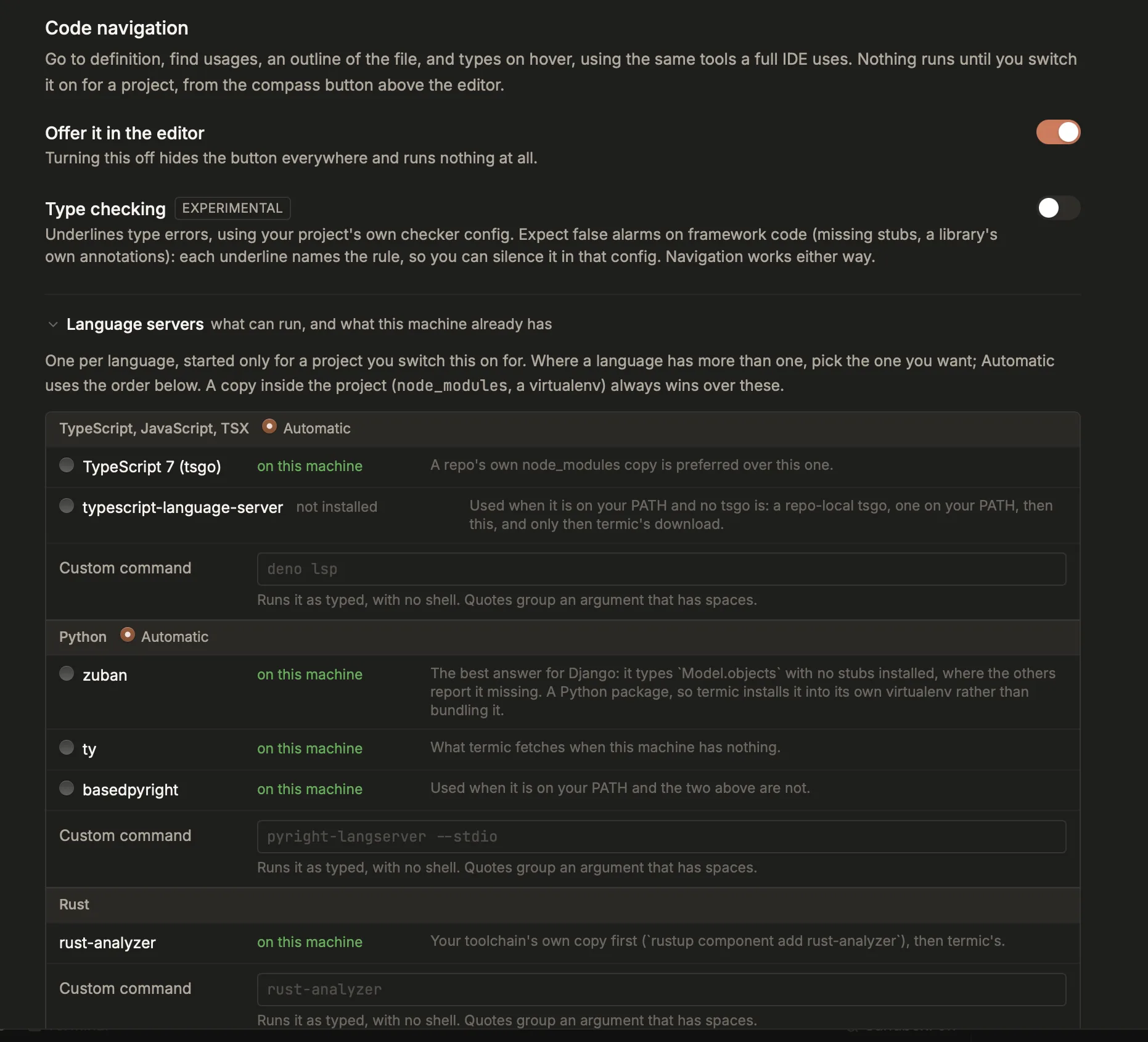 Termic's Code navigation settings: an "Offer it in the editor" toggle, a "Type checking" toggle labelled EXPERIMENTAL and off, then a Language servers table grouped by language. TypeScript and Python show Automatic selected with a radio per candidate (tsgo, typescript-language-server; zuban, ty, basedpyright), each row saying whether it is on this machine, and a Custom command field per language.