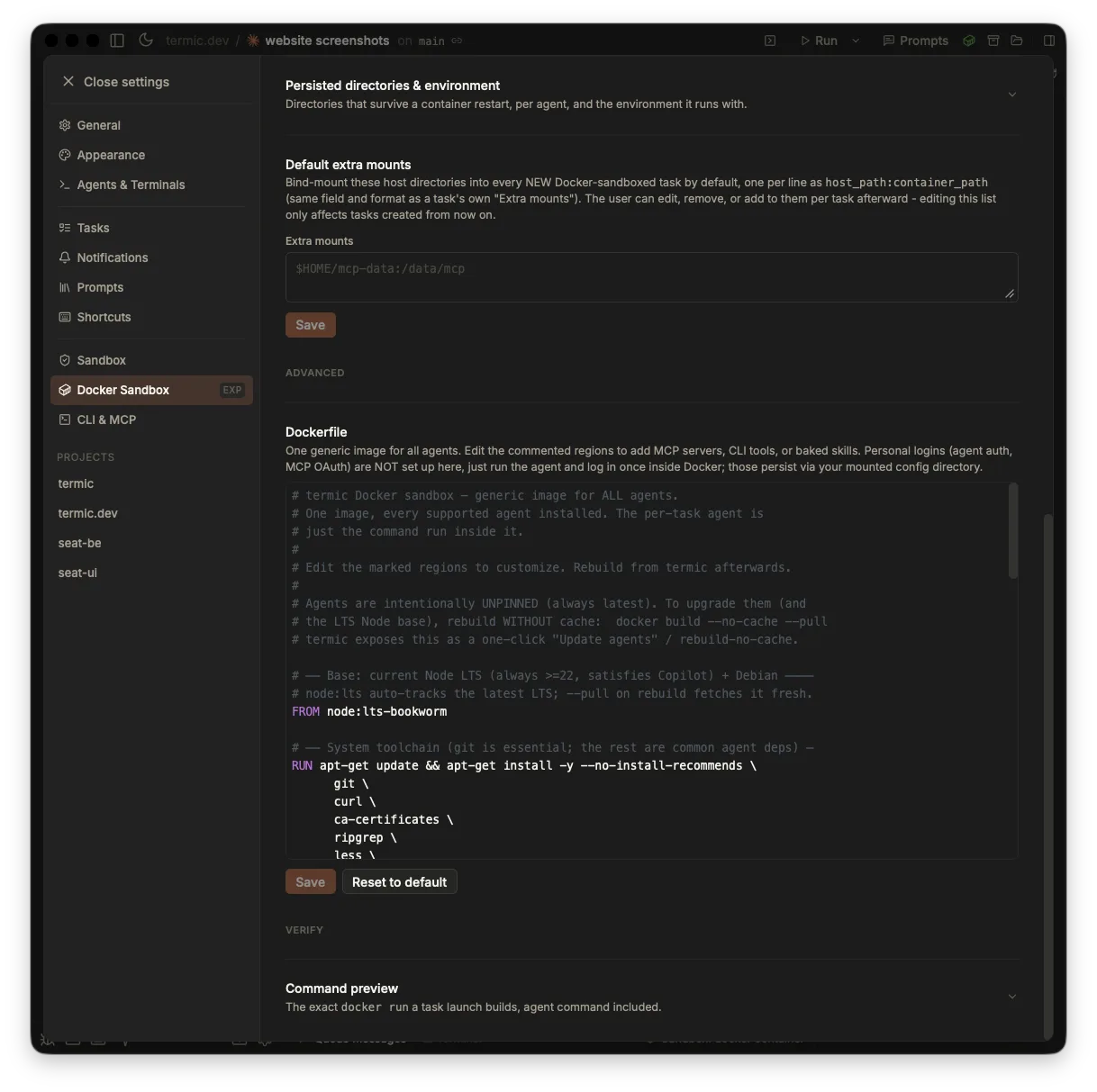 Termic's Docker Sandbox settings scrolled to the Dockerfile: a Default extra mounts field, then the generic image's Dockerfile in an editable box showing its header comments, the node:lts-bookworm base and the apt-get line installing git, curl, ca-certificates and ripgrep, with Save and Reset to default beneath it.