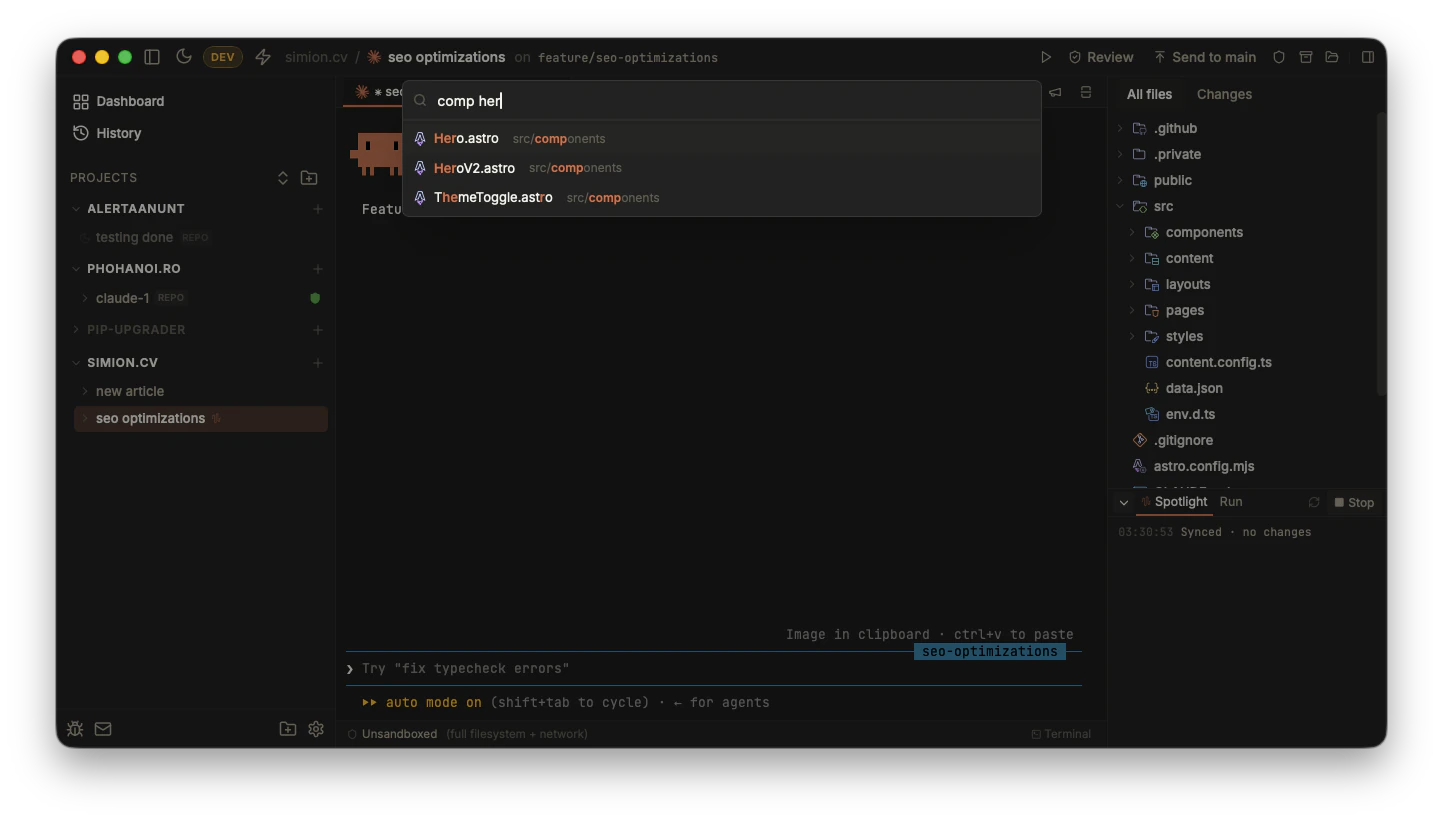 The Cmd+P file finder open over a task, with the query "comp her" fuzzy-matching Hero.astro, HeroV2.astro and ThemeToggle.astro under src/components.