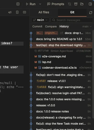 Termic's Git History sub-tab: a commit graph with a coloured lane gutter down the left, ref chips where branches and version tags point, each commit's subject and relative age, and one commit expanded to show its short SHA, author and date above the three files it touched.