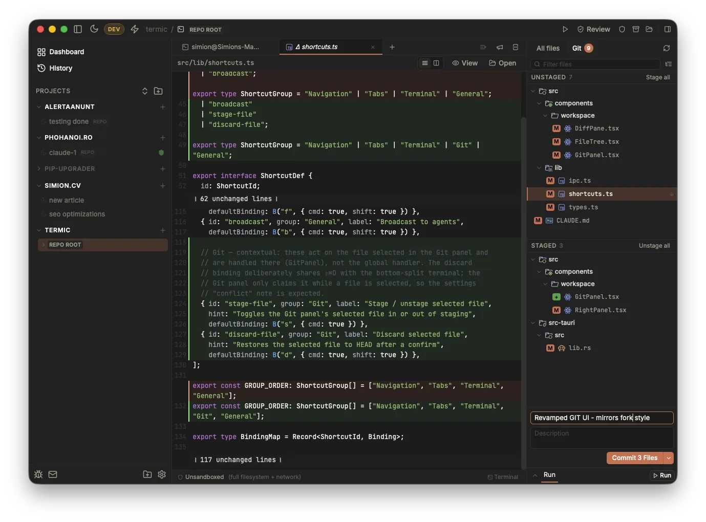 The Git tab in Termic's right panel: Unstaged files in a tree on top, Staged files below, a commit subject and description field, and a Commit button. A file's diff is open in the main editor.