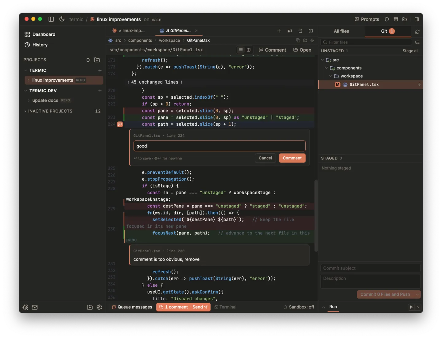 Leaving an inline comment on a diff in Termic: a composer open on a line of code, with a saved comment card pinned below another line