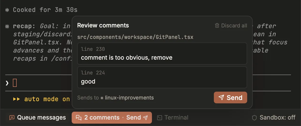 The Review comments popover open over a terminal in Termic, listing two pending comments grouped under src/components/workspace/GitPanel.tsx, with a "Discard all" link and a "Send" button labelled "Sends to linux-improvements".