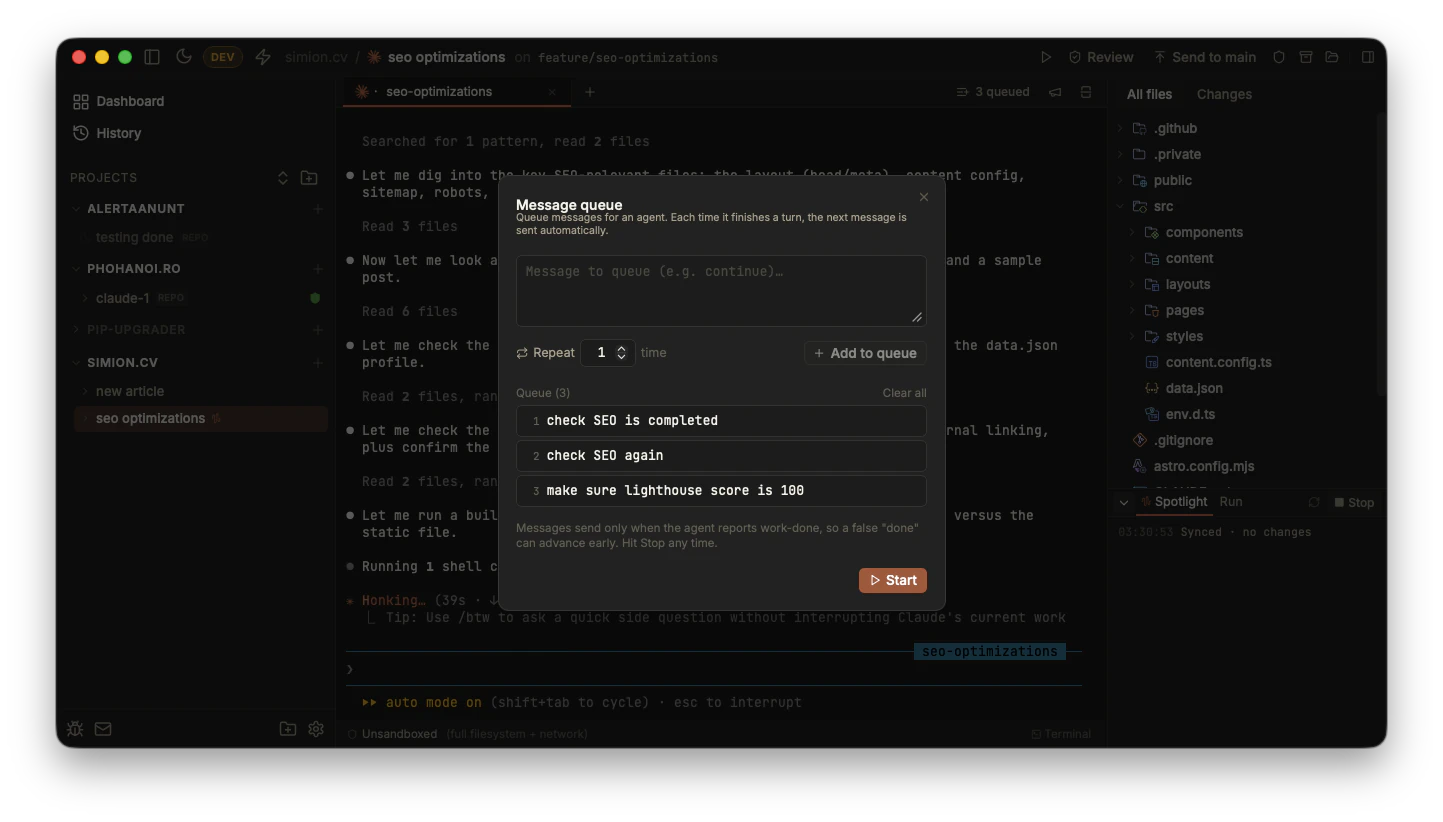 The Message queue dialog: a box to type a message, a Repeat stepper and Add to queue button, a numbered queue of three messages (check SEO is completed, check SEO again, make sure lighthouse score is 100), and a Start button.