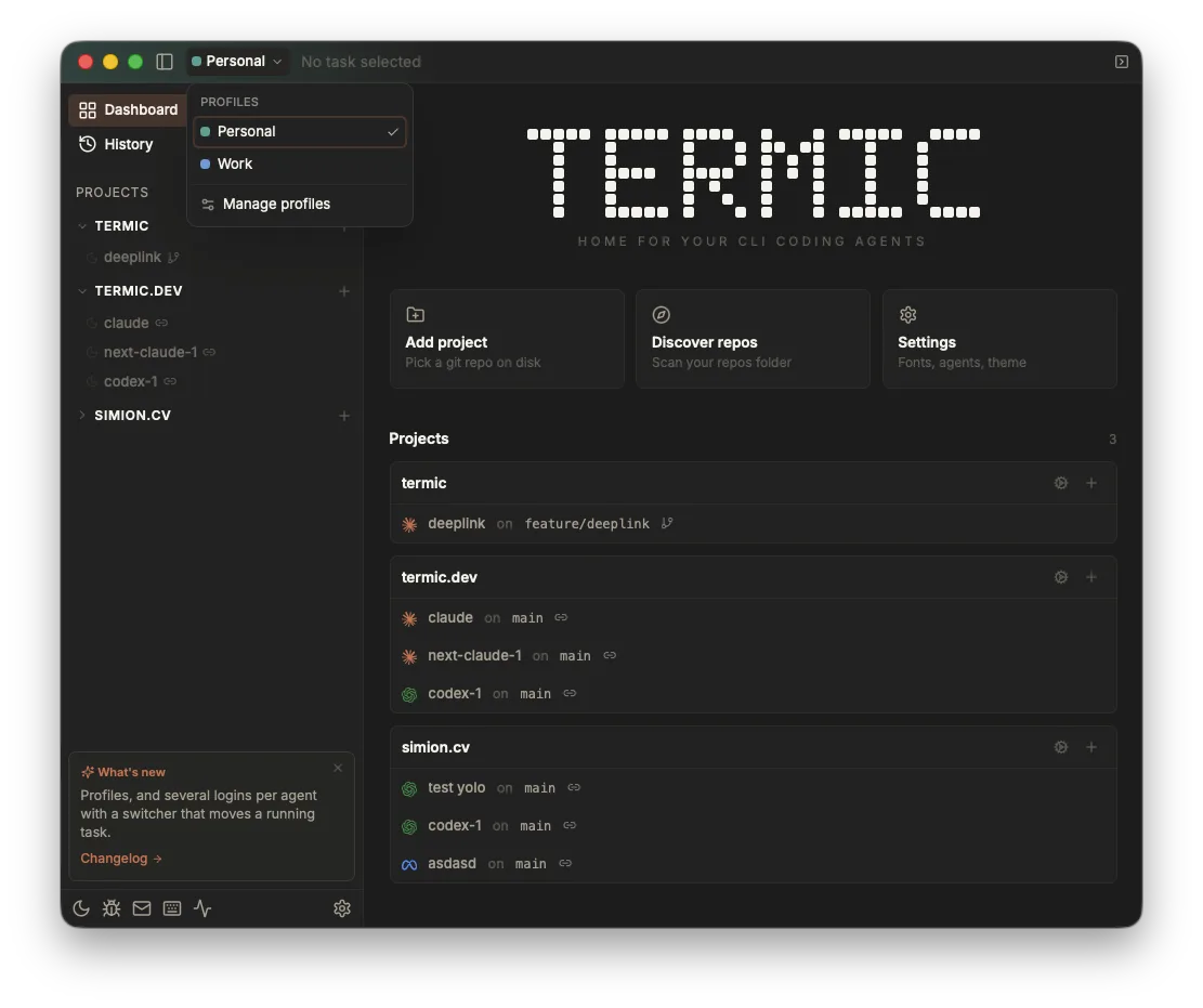 Termic's title bar with the profile chip open. A menu headed PROFILES lists Personal, ticked and marked with a green dot, and Work with a blue dot, and a "Manage profiles" row sits under a separator. The dashboard behind it shows three projects.