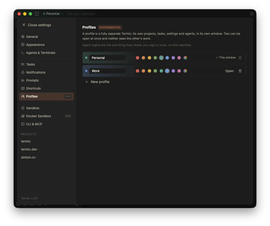 Termic's Profiles settings page, badged EXPERIMENTAL, with two rows: Personal, tinted green and marked "This window", and Work, tinted blue with an Open button. Each row carries a name field and a row of accent colour dots including a no-accent option, and a "New profile" button sits below.