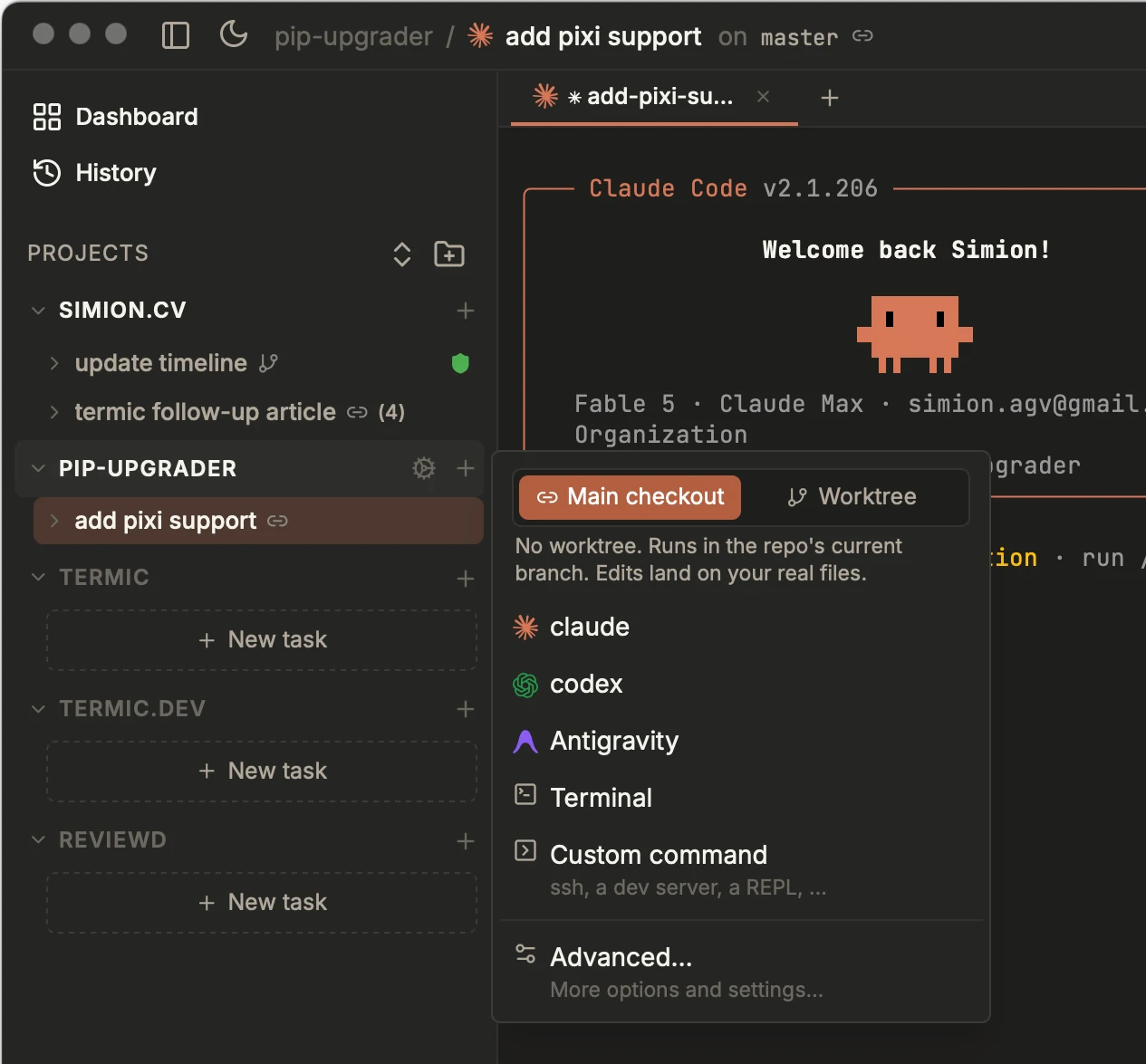 A project row's dropdown in the Termic sidebar showing a Main checkout / Worktree mode toggle with agents (claude, codex and more) to launch, plus Terminal, Custom command and Advanced options.