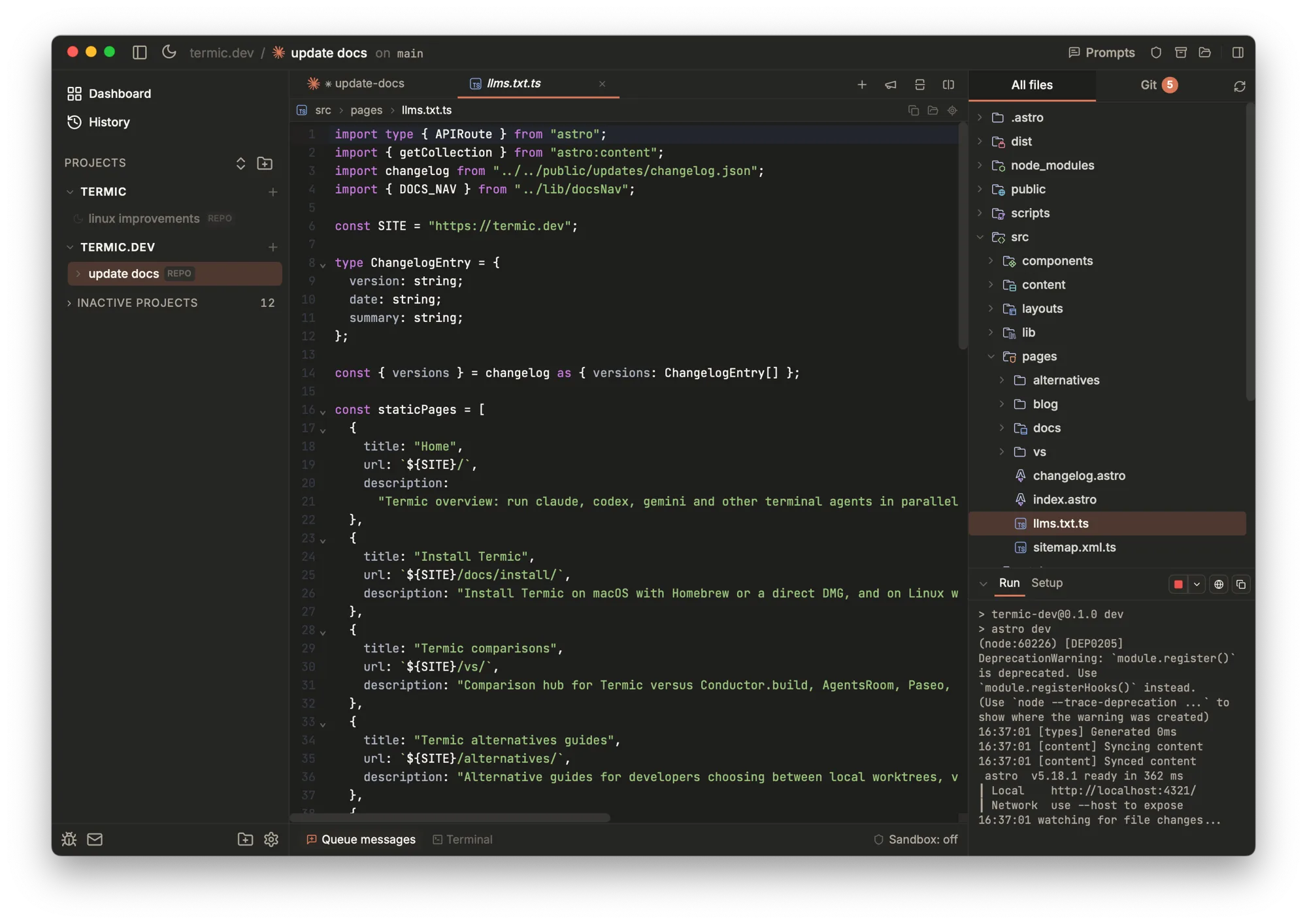 The Run panel docked in a Termic task, with Run and Setup tabs and a dev server (astro dev) streaming its startup output and local URL live, alongside stop and open-in-browser controls.