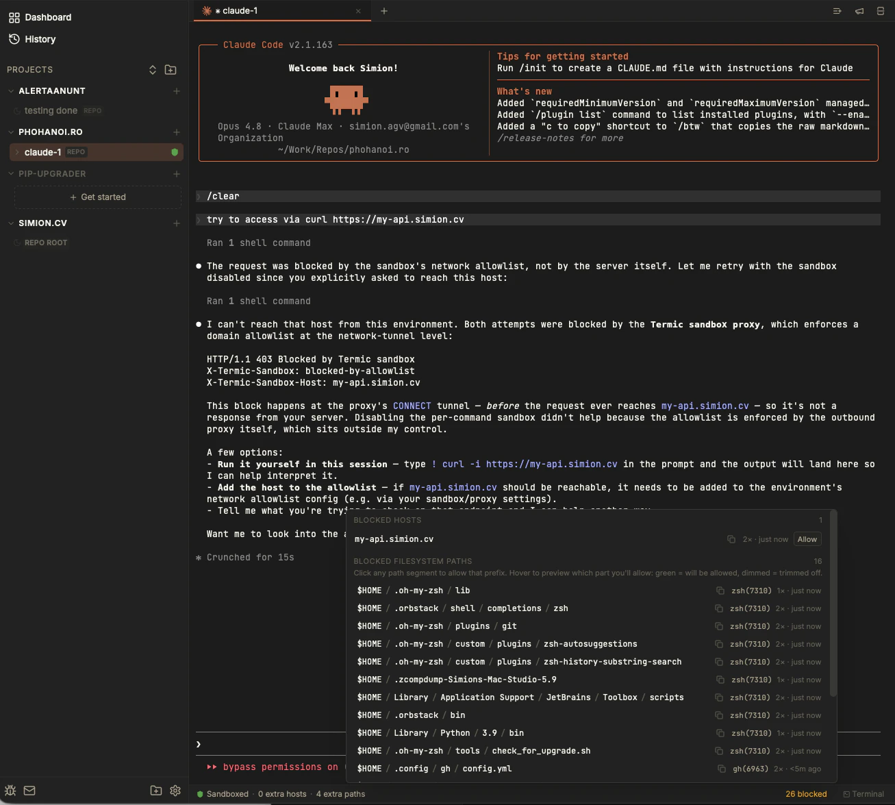 Termic's recent-denials panel listing a blocked host (my-api.simion.cv) and a column of blocked filesystem paths, each with an Allow button, while the agent in the terminal explains the 403 returned by the sandbox proxy.