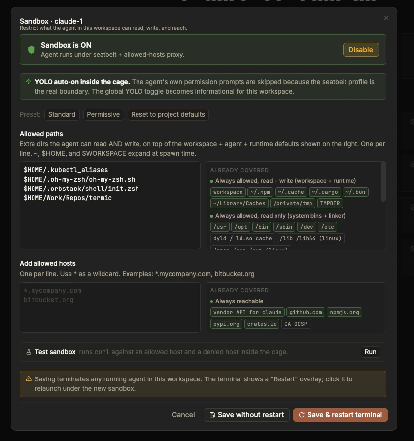 The Termic sandbox dialog: Sandbox ON with YOLO auto-on, extra allowed paths and hosts on the left, the built-in defaults shown on the right, and a Test sandbox button.