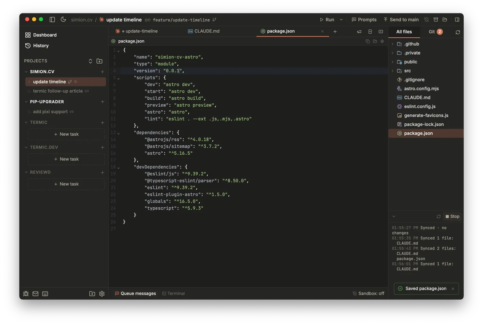 A Termic task with Spotlight running: the bottom-right panel streams timestamped Synced entries with a Stop control while edits sync to the main checkout.