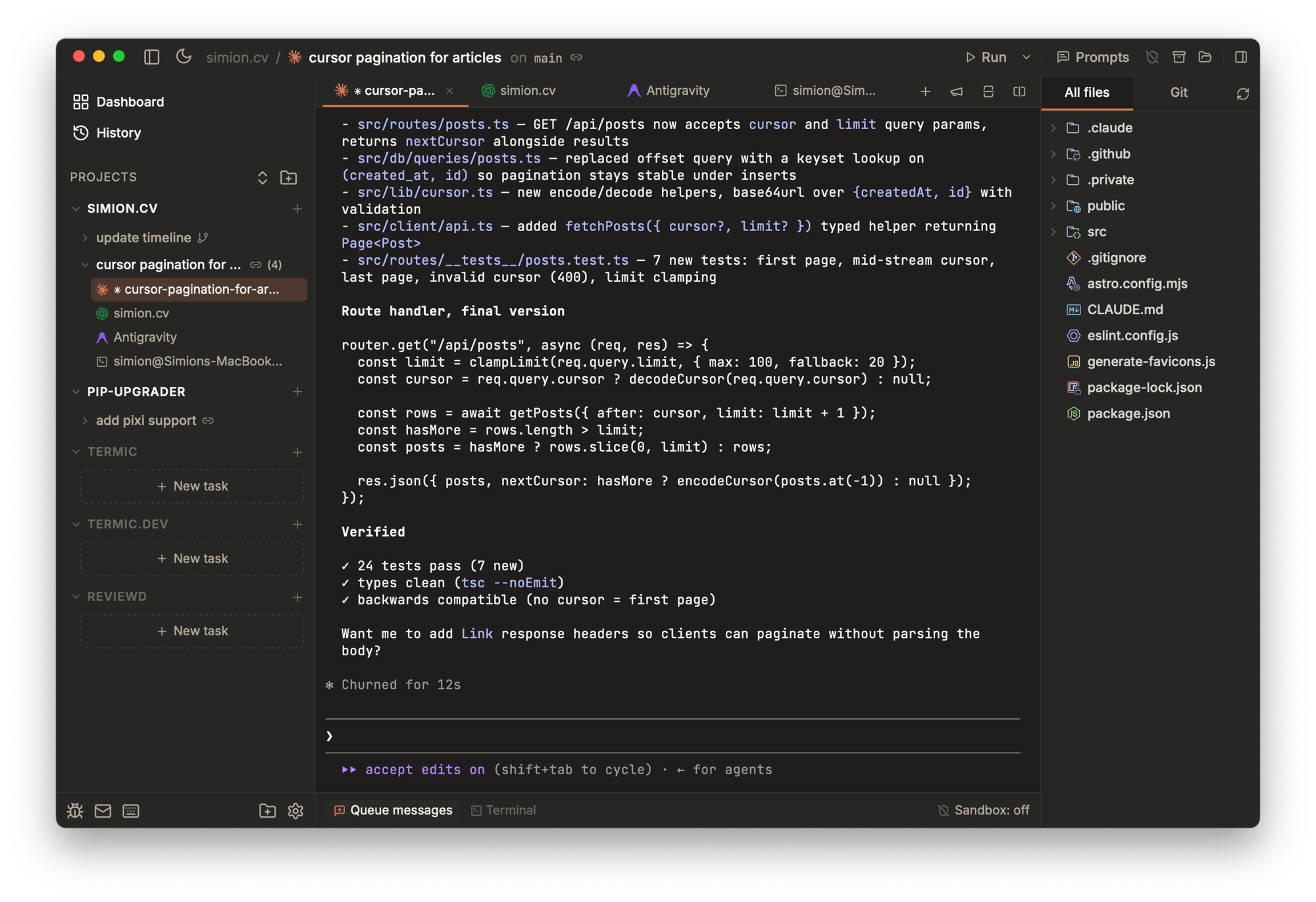 Termic interface: sidebar with several projects and their tasks, claude having just finished a cursor-pagination task in the main pane, file tree on the right