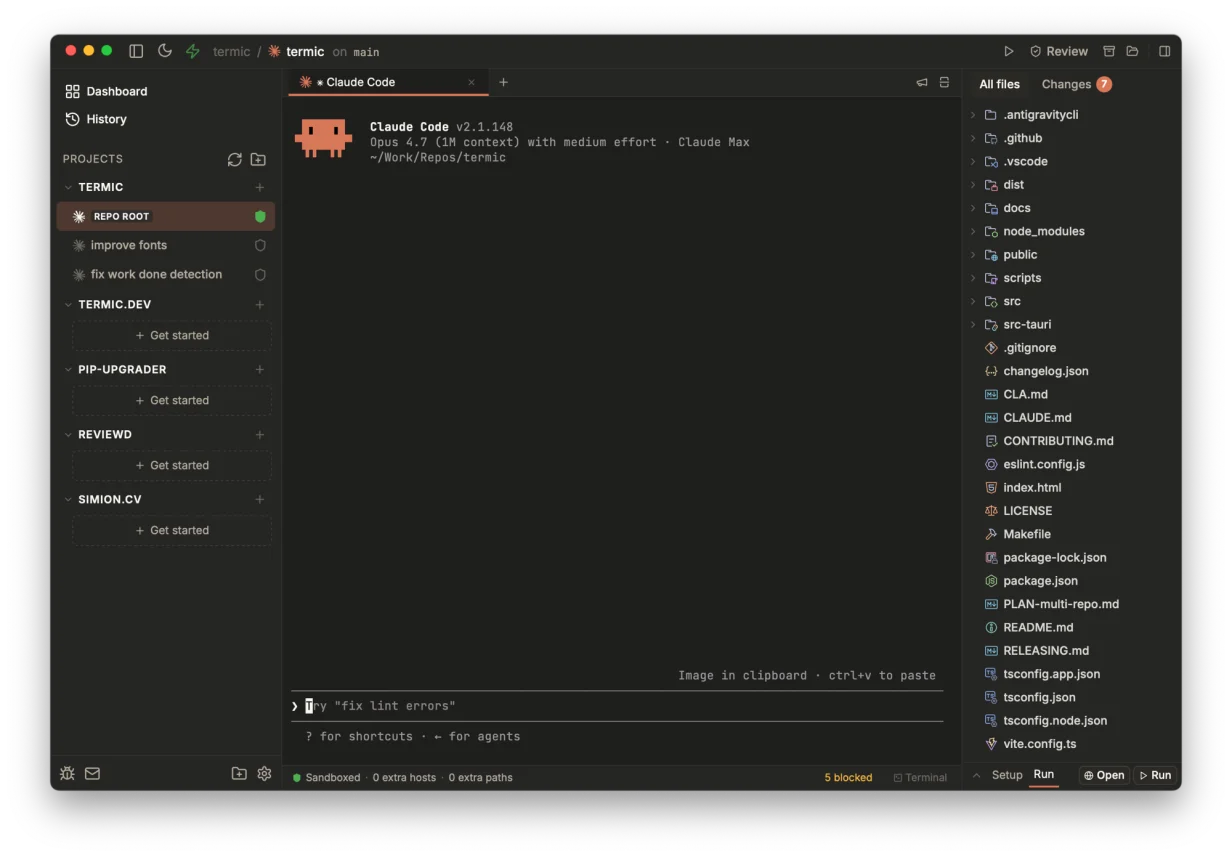 A Termic workspace running Claude Code at repo root. The session header reads "Opus 4.7 (1M context) with medium effort, Claude Max", showing inference running on the Claude Max subscription.