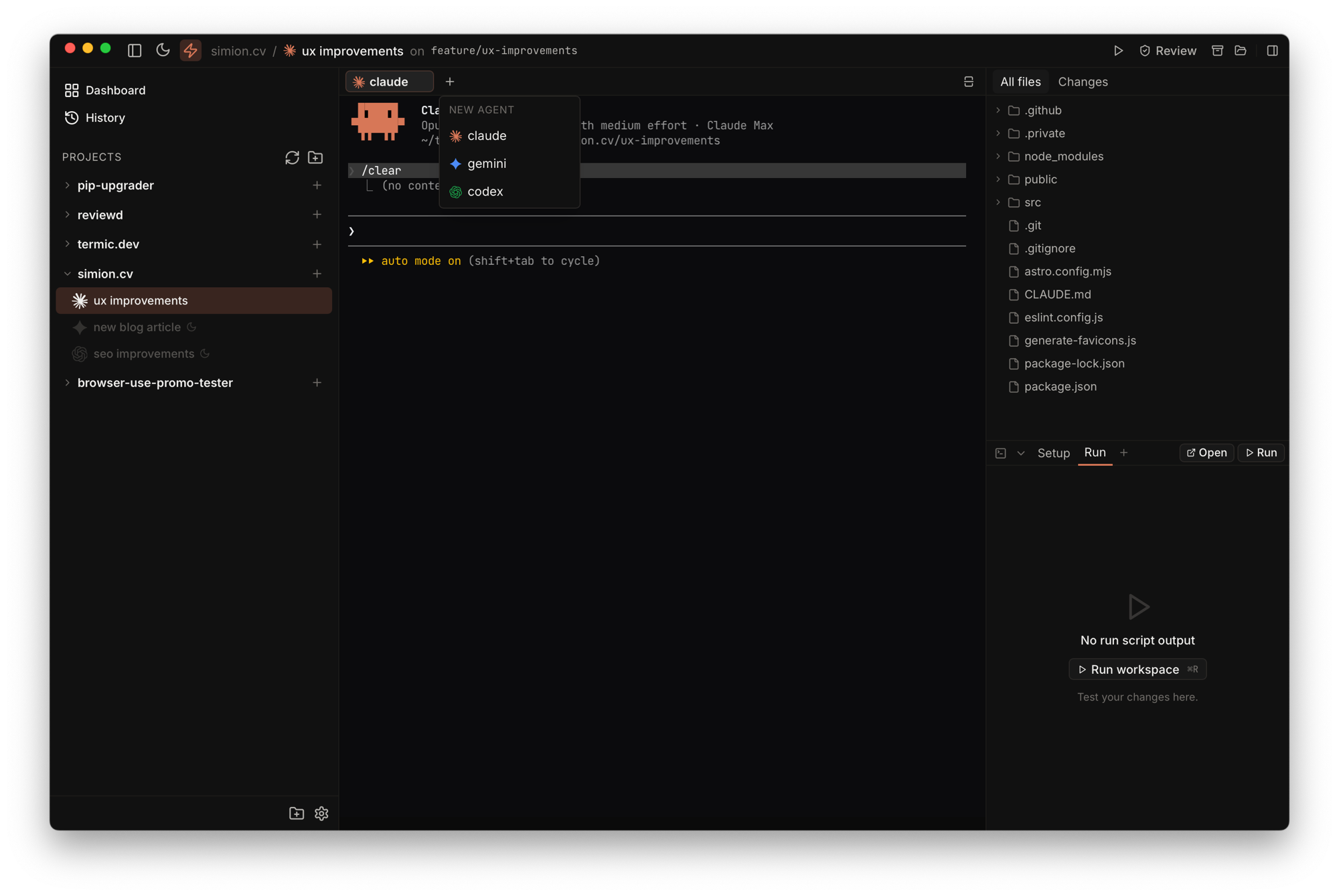 Tab bar dropdown showing claude, gemini, codex options for a new agent tab