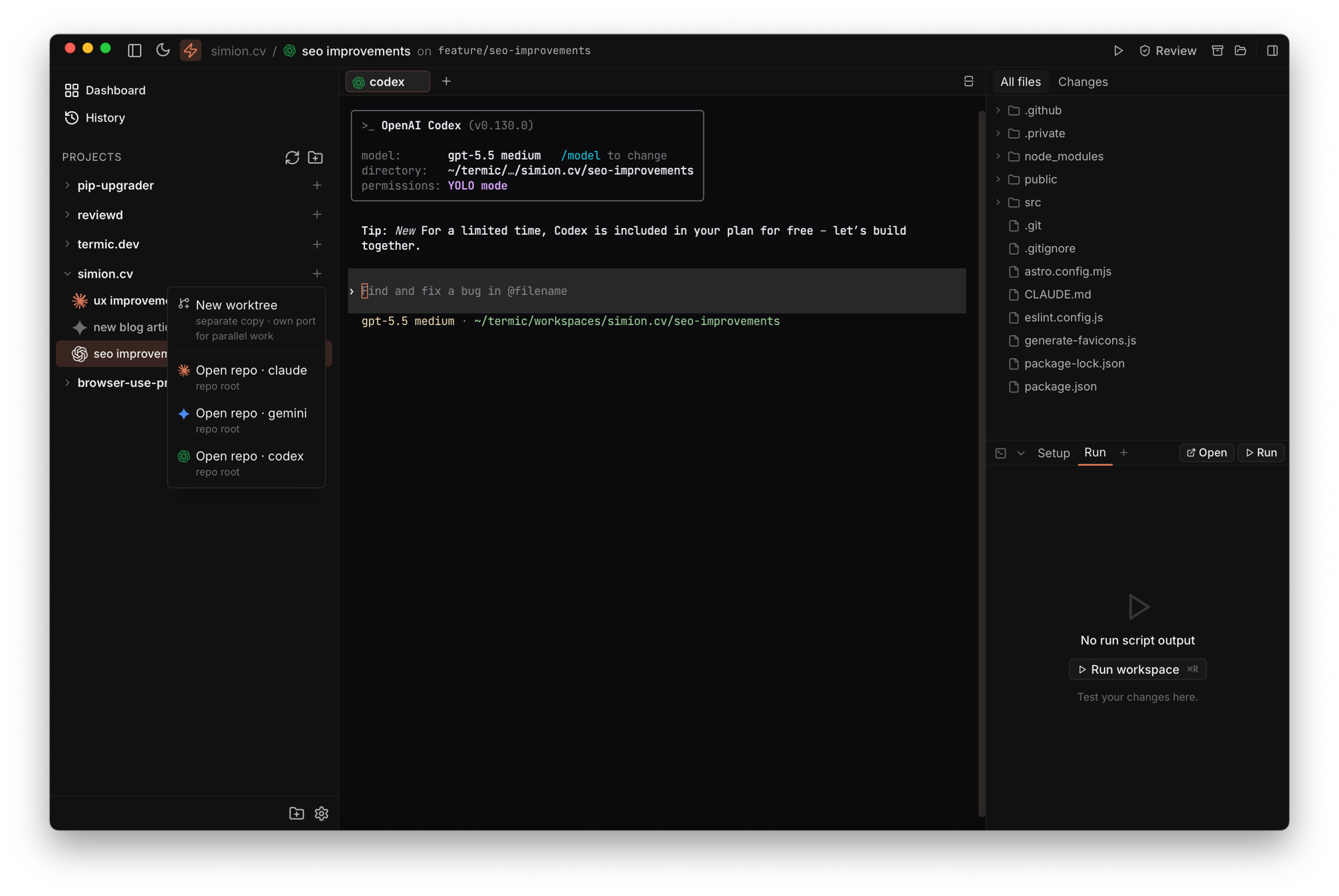 Project row dropdown showing New worktree and Open repo per agent