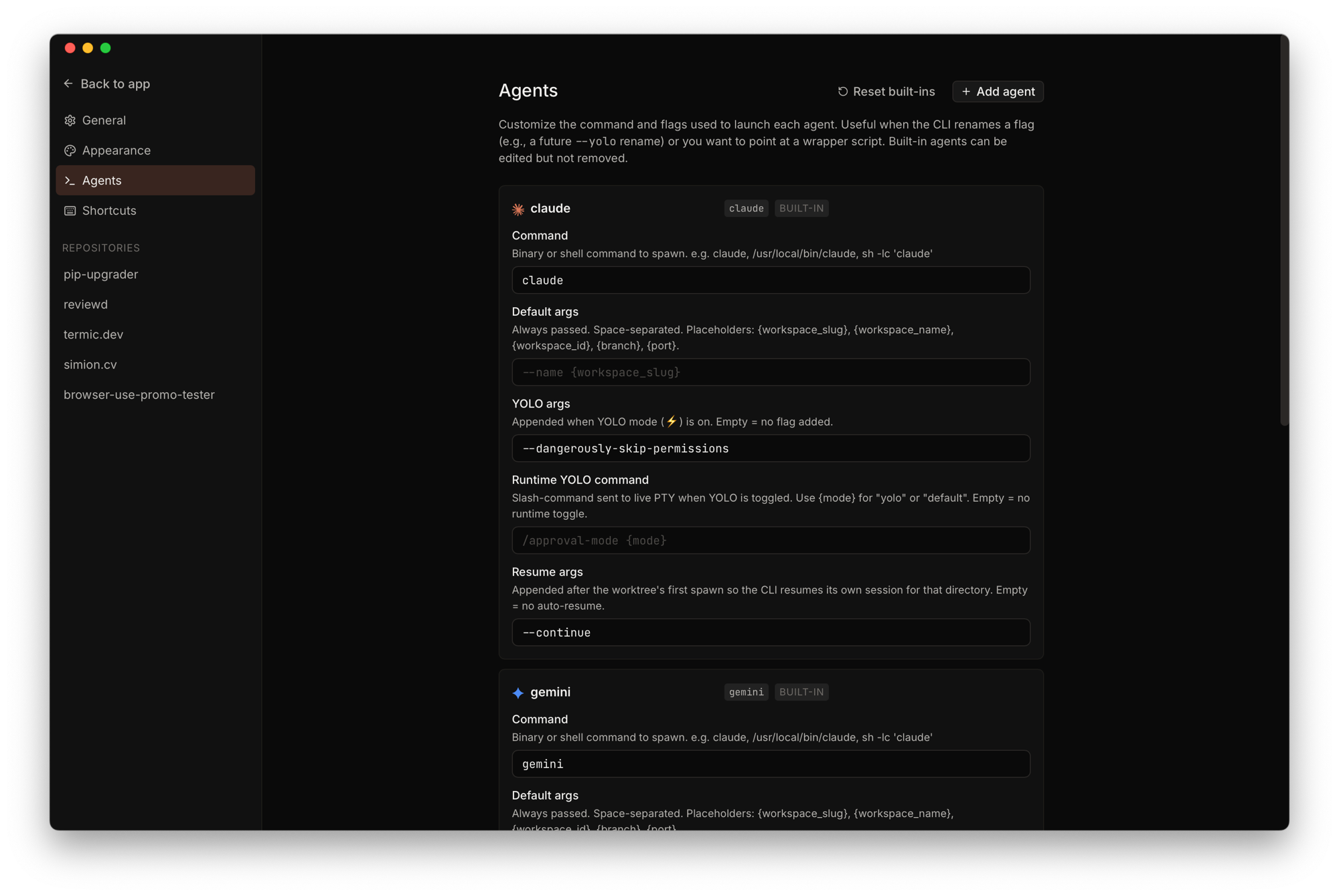 Settings, Agents page showing claude's editable command, default args, YOLO flags, and resume flags