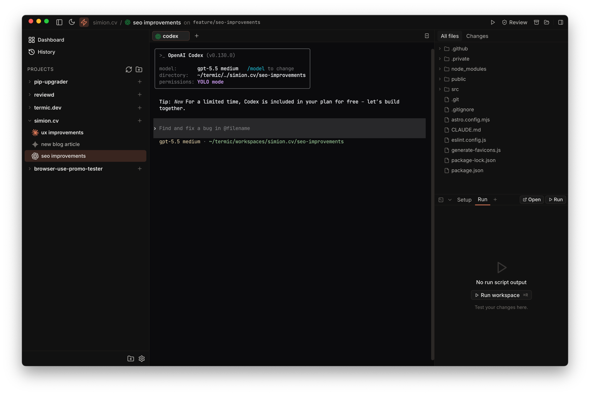 Termic running codex in the "seo improvements" worktree
