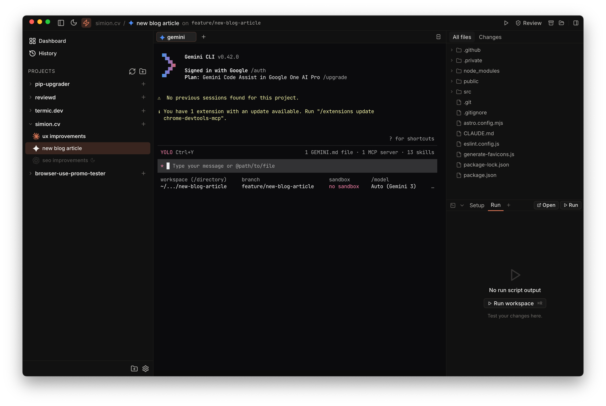 Termic running gemini in the "new blog article" worktree